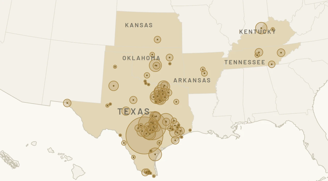Map of Mason Joseph's 307 HUD closings across Texas, Oklahoma, Kansas, Arkansas, Tennessee, and Kentucky, with circles sized by total closed volume in each city.